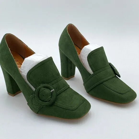 YDN Olive Chunky High Heels Square Toe Loafer Shoes Slip On Suede Buckle Pump