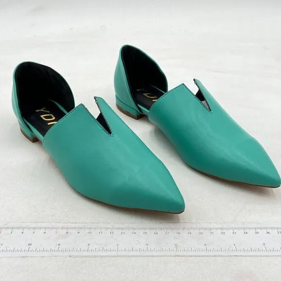 YDN Turquoise Pointed Toe D'Orsay V Cut Low Heels Slip On Office Dress Loafer