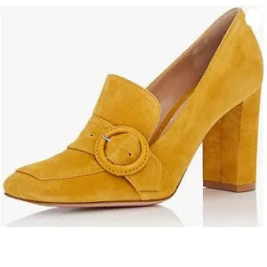 YDN Yellow Chunky High Heels Square Toe Loafer Shoes Slip On Suede Office Pumps