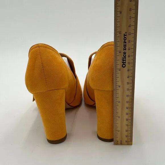 YDN Yellow Chunky High Heels Square Toe Loafer Shoes Slip On Suede Office Pumps