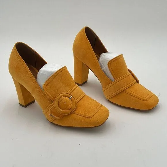 YDN Yellow Chunky High Heels Square Toe Loafer Shoes Slip On Suede Office Pumps