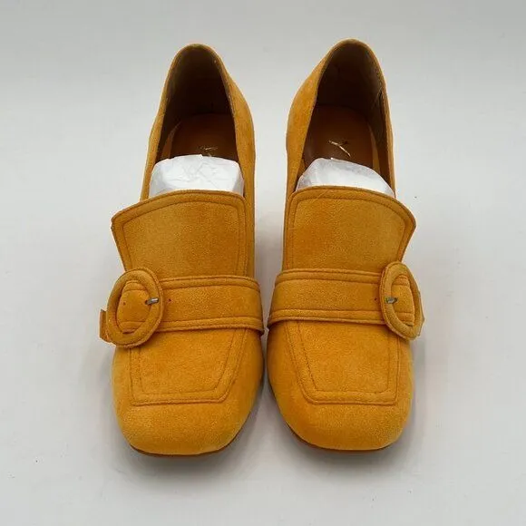 YDN Yellow Chunky High Heels Square Toe Loafer Shoes Slip On Suede Office Pumps