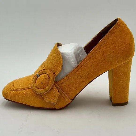 YDN Yellow Chunky High Heels Square Toe Loafer Shoes Slip On Suede Office Pumps