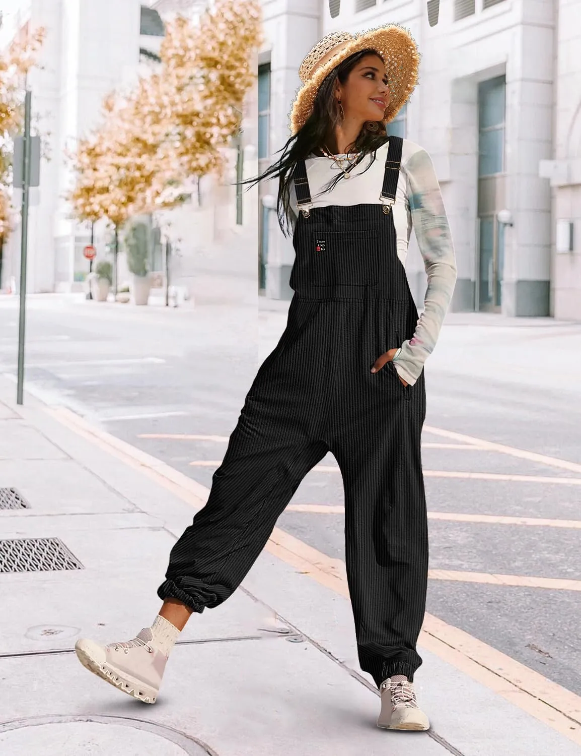 YESNO Women's Casual Corduroy Overalls Sleeveless Adjustable Straps Loose Harem Bib Jumpsuits for Women with Pockets PCL