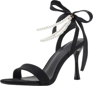 YooPrettyz Women Bows Tie Evening High Heels Single Straps Wedding Sandals Pearls Bridal Party Princess Heels