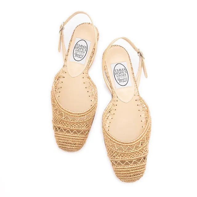 Zig Zag Raffia Round Flat Sling-Gold